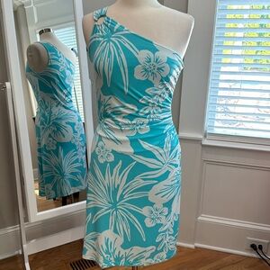 Tommy Bahama Sz M Blue White tropical print stretch side ruching EUC